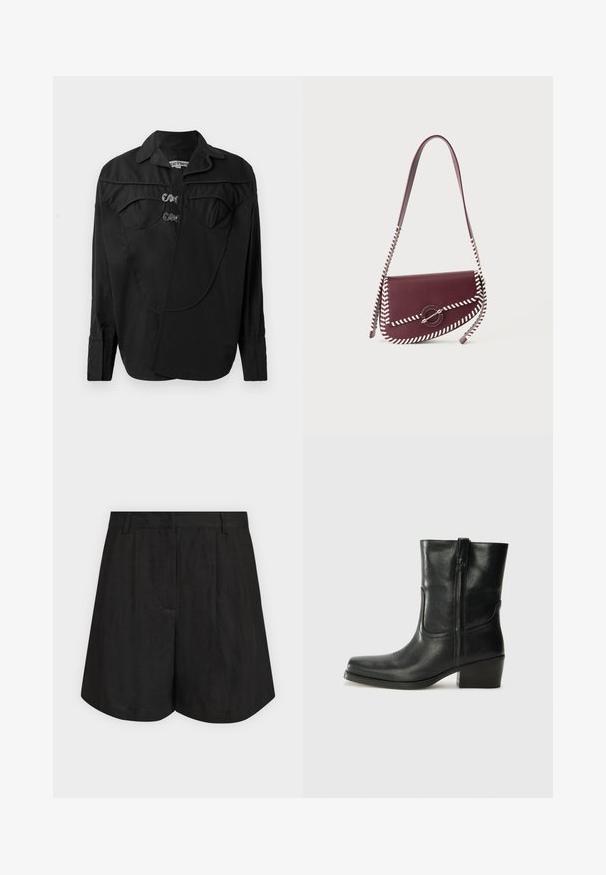 Sort button-up skjorte med en struktureret front, der har overlay-detaljer, to brystlommer og krave. Lavet af et glat stof med en mat overflade.; Sorte højtaljede skræddersyede shorts med bæltestropper, frontplisser og en let udvidet kant mod en ensartet lys baggrund.; Sort læder ankelstøvle med rundt tå, blokhæl, lynlås i siden og stikninger på vampsiden. Glat tekstur, klassisk design.; Mørkerød skuldertaske i læder med hvid whipstitch-indsætning og en cirkulær metal lukning på frontklappen.