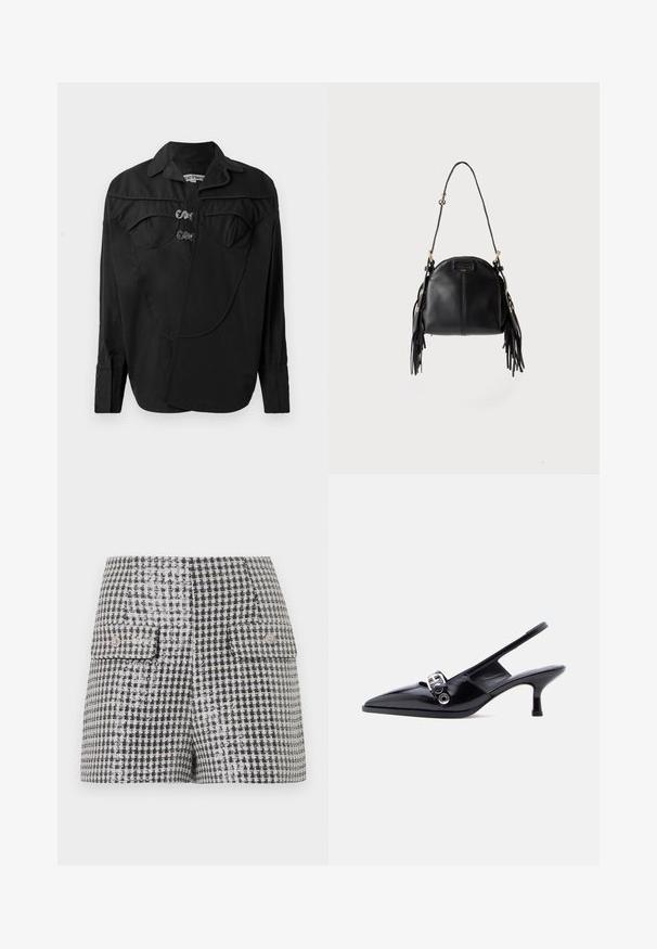 Zwarte button-up shirt met een gestructureerde voorkant met overlay-details, dubbele borstzakken en een kraag. Gemaakt van een gladde stof met een matte afwerking.; Zwart-wit minirok met pied-de-poule patroon, twee klepzakken aan de voorkant en decoratieve knopen.; Zwarte slingback kitten heel schoen van lakleer met puntige neus en zilveren gespsluiting op een effen witte achtergrond.; Zwarte leren handtas met een gebogen vorm, lange verstelbare band en franjes aan beide zijden tegen een lichte achtergrond.