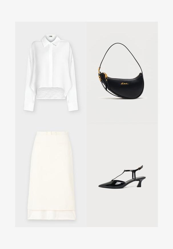 Chemise blanche à manches longues boutonnée, col pointu et ourlet légèrement raccourci et arrondi, présentée sur un fond clair uni.; Jupe blanche sur mesure avec une texture lisse, dotée d'une taille ceinturée et de deux poches avant. Coupe droite avec un ourlet arrière légèrement plus long.; Chaussure slingback en cuir verni noir à bout pointu avec bride en T et petit talon bloc incliné sur fond blanc.; Sac à main en cuir noir en forme de croissant avec une fermeture éclair dorée, une bandoulière réglable et un petit logo doré "Steve Madden" à l'avant.