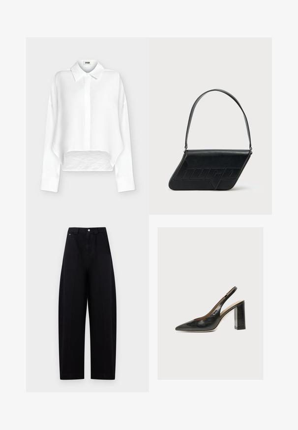 Chemise blanche à manches longues boutonnée, col pointu et ourlet légèrement raccourci et arrondi, présentée sur un fond clair uni.; Pantalon noir taille haute à jambes larges avec fermeture par bouton et zip devant, avec poches latérales et passants de ceinture sur un fond clair.; Chaussure slingback femme en cuir noir avec bout pointu et talon bloc épais et haut sur fond blanc.; Sac d'épaule en cuir noir de forme triangulaire, avec un logo embossé et une seule bandoulière réglable. Design minimaliste avec une texture lisse.
