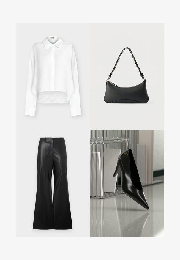 Chemise blanche à manches longues boutonnée, col pointu et ourlet légèrement raccourci et arrondi, présentée sur un fond clair uni.; Pantalon large en cuir synthétique noir avec une texture lisse, doté d'une taille ajustée et de plis avant pour un look structuré.; Chaussure noire à talon haut avec bout pointu et logo doré, posée sur une surface réfléchissante près d'un organiseur de dossiers en fil chromé contenant des documents.; Sac à bandoulière en cuir noir de forme rectangulaire incurvée, avec une chaîne dorée tissée dans la bandoulière noire tressée et une fermeture éclair sur le dessus.