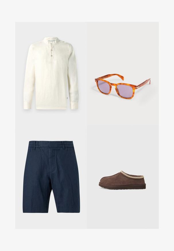 Lange mouw shirt van licht crèmekleurig katoen, met een Mandarin-kraag, een drieknoops sluiting en een gestructureerd oppervlak.; Marineblauwe knielange short met elastische tailleband en riemlussen, gemaakt van gestructureerde stof, afgebeeld tegen een effen achtergrond.; UGG TASMAN II - Pantoffels - dusted cocoa / dusted cocoa; Vierkante zonnebril van schildpad met paars getinte glazen, liggend op een wit oppervlak.