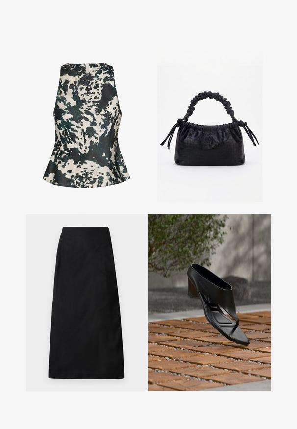 Gestuz GZCERI P - Bluse - green ox; DRYKORN AMBAR - A-snit nederdel - black; Sort højhælet sandal med thongsrem, svævende over et mønstret træ- og grusbelagt udendørsareal med sløret grønt område og væg i baggrunden.; Sort taske med krokodilletekstur, rynket øverste kant, samlet hank og snore med kvaster på hver side mod en hvid baggrund.
