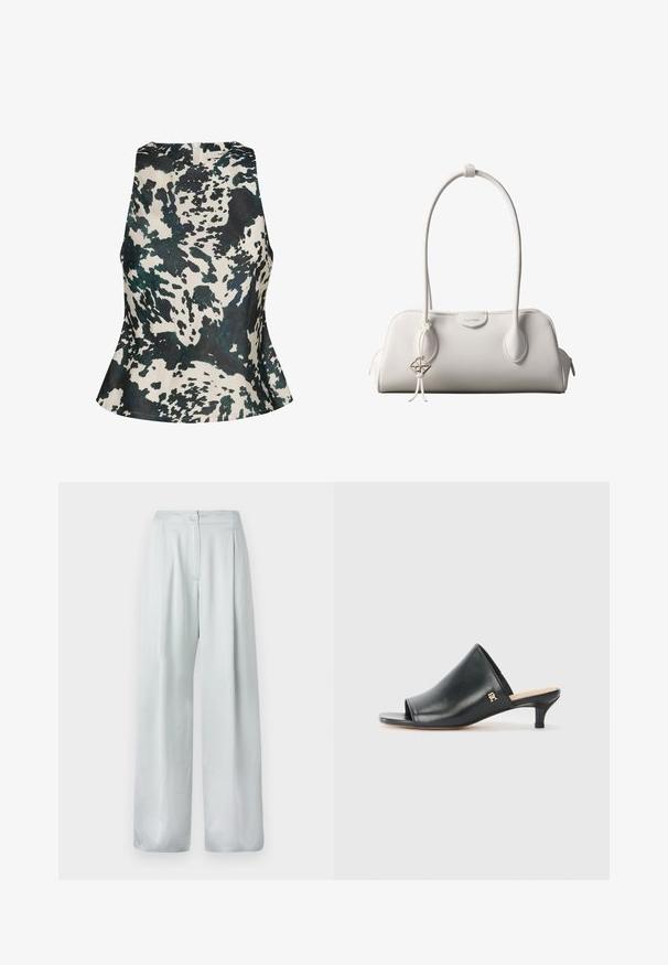 Gestuz GZCERI P - Bluse - green ox; Lysegrå brede bukser med en glat tekstur, der har en frontlukning med knap og plisseret design for ekstra detaljer.; Sorte læder open-toe mules med en lav hæl. Har en glat overflade og et guld logo-prim på siden.; Hvid Calvin Klein skuldertaske med lange håndtag, rektangulær form, lynlåslukning og dekorativt logohæng tæt på håndtaget.