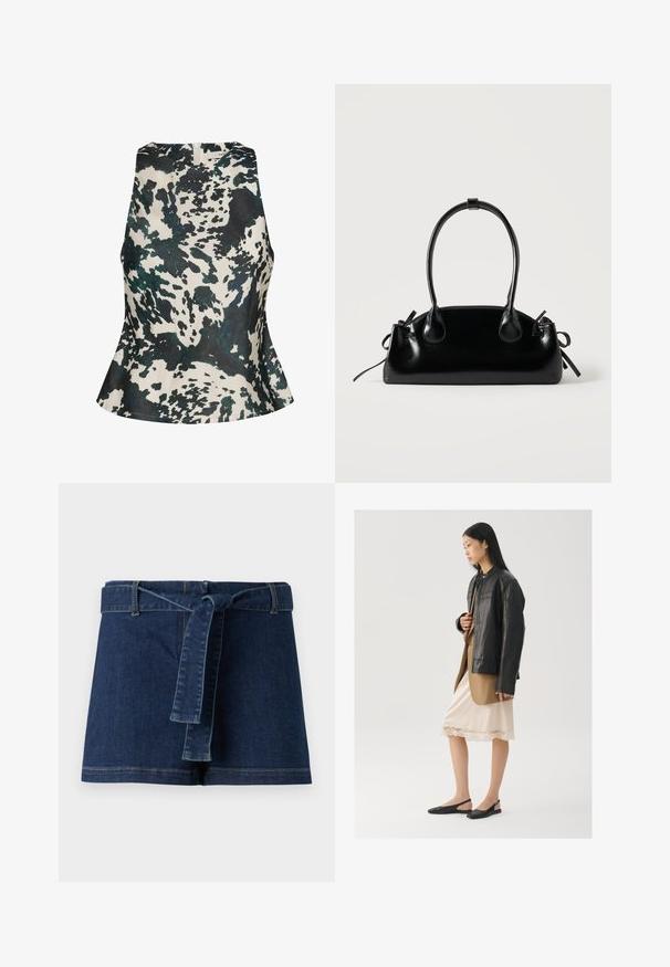 Gestuz GZCERI P - Bluse - green ox; Denim shorts i mørkeblå, med en bred talje og et stofbælte. Glat tekstur med synlige stikningsdetaljer ved kanten.; Sort læderjakke over en brun top, kombineret med en lys cremefarvet slipkjole med blondekant og sorte slingback-sko.; Lille sort blank håndtaske med to lange håndtag og snøre-detaljer i siden på en ensfarvet lys baggrund.