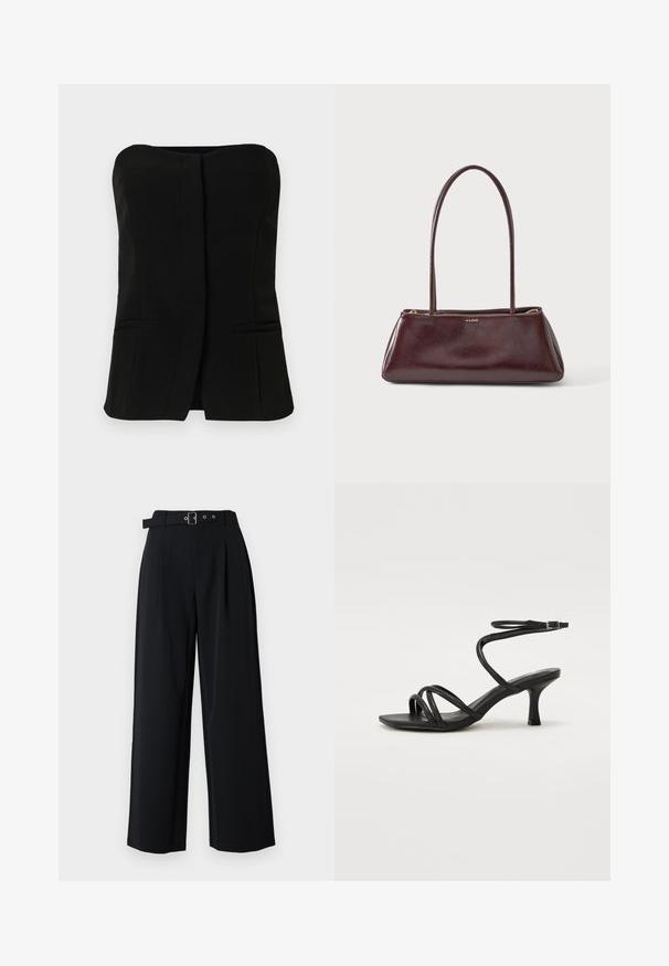 Haut noir sans manches avec un décolleté droit, une patte de boutonnage sur le devant et deux poches latérales dissimulées. Tissu lisse avec une coupe ajustée.; Pantalon noir à jambes larges avec plis, doté d'une ceinture avec une boucle en métal et de doubles passants. Tissu lisse avec un design épuré.; Even&Odd Wide Fit by Zalando Sandales - black; Sac à main rectangulaire en cuir marron foncé avec longues lanières fines et fermeture éclair dorée, marqué ALDO au centre devant.