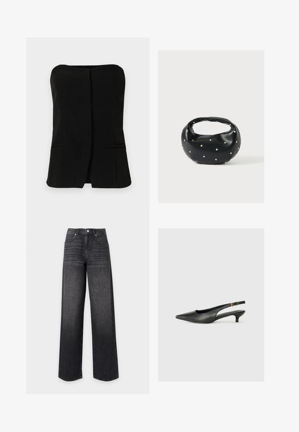 Haut noir sans manches avec un décolleté droit, une patte de boutonnage sur le devant et deux poches latérales dissimulées. Tissu lisse avec une coupe ajustée.; Jean en denim noir taille haute à jambes droites avec poches avant, passants de ceinture, bouton et fermeture éclair sur fond blanc.; Chaussure slingback noire à bout pointu en cuir lisse. Présente un talon fin et un détail de boucle sur la sangle réglable.; Sac à main en cuir noir de forme arrondie, décoré de clous argentés et équipé d'une poignée courte. Texture lisse et fermeture éclair.