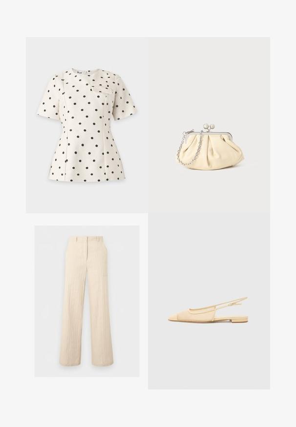 Blouse blanche à manches courtes avec des pois noirs, col rond, coupe structurée et une petite poche à rabat sur la poitrine.; Pantalon beige taille haute à jambes larges avec passants pour ceinture et détails de coutures, présenté à plat sur un fond gris clair.; Chaussure plate slingback en beige clair avec une tige en maille, un bout pointu et un petit talon. Dotée d'une sangle ajustable pour un bon maintien.; Pochette en cuir beige plissé avec un cadre en métal argenté, dotée de deux fermoirs ronds décoratifs et d'une chaîne en argent.