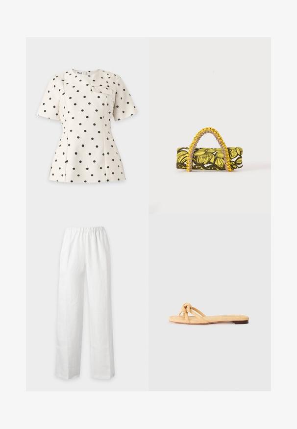 Blouse blanche à manches courtes avec des pois noirs, col rond, coupe structurée et une petite poche à rabat sur la poitrine.; Pantalon en lin blanc à coupe ample avec une taille élastiquée et des jambes droites larges, présenté sur un fond clair uni.; Sandale plate tissée jaune avec deux brides entrecroisées, un détail noué à l'avant et une semelle basse marron.; Sac rectangulaire avec motif floral jaune et noir et anse tressée jaune et rose sur fond blanc.