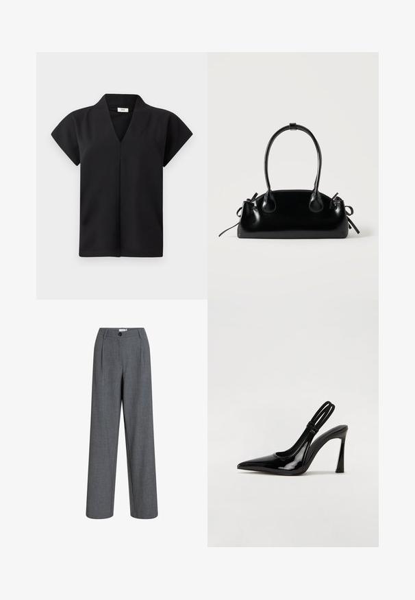 Haut noir à manches courtes avec un col en V, confectionné dans un tissu lisse, présentant une coupe simple sans ornements visibles.; Pantalon gris taille haute cintré avec plis devant, passants pour ceinture, fermeture à boutons et jambes droites larges.; Escarpin en cuir verni noir à talon aiguille, à bout pointu, avec une sangle élastique double pour un maintien sécurisé. Surface lisse et brillante.; Petit sac à main noir brillant avec deux longues anses et des détails à cordon sur les côtés sur un fond clair uni.