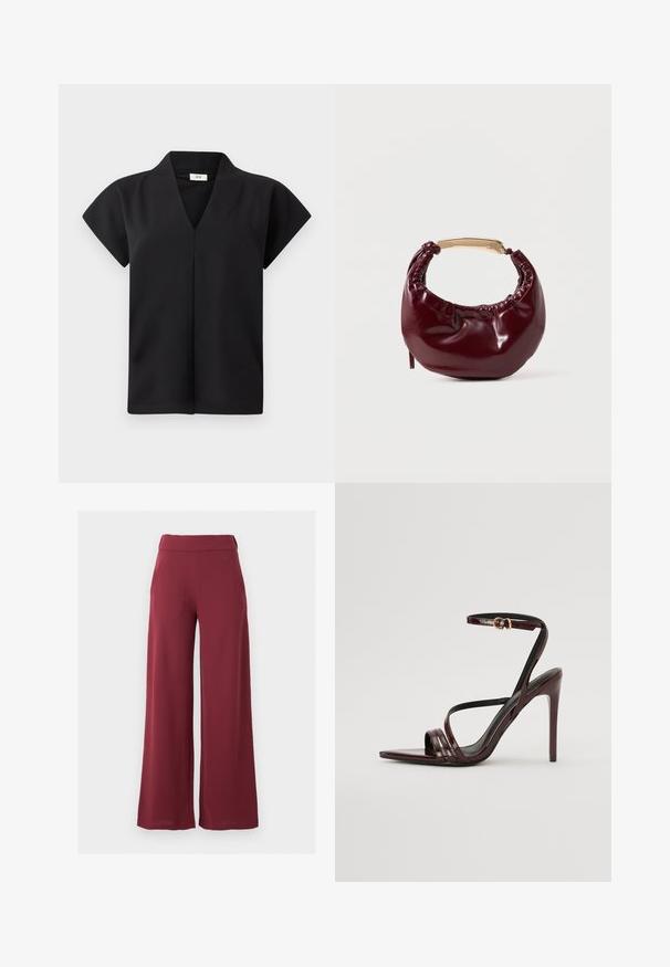 Haut noir à manches courtes avec un col en V, confectionné dans un tissu lisse, présentant une coupe simple sans ornements visibles.; Pantalon femme taille haute à jambes larges en rouge foncé avec poches latérales, présenté sur un fond gris clair uni.; Sandale à talons hauts en cuir verni bourgogne avec une bride de cheville, bout pointu et trois bandes horizontales sur le pied. Détail de boucle dorée.; Sac à main en simili cuir bordeaux avec une forme arrondie, des détails froncés et une anse en métal doré. Texture lisse et finition brillante.