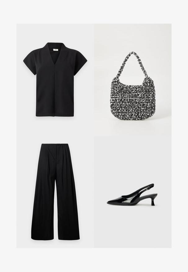 Haut noir à manches courtes avec un col en V, confectionné dans un tissu lisse, présentant une coupe simple sans ornements visibles.; Pantalons larges noirs à taille haute, dotés de plis verticaux et d'une fermeture à bouton. Texture lisse, design minimaliste.; Escarpins en cuir verni noir avec un bout pointu et un petit talon carré. Sangle réglable à la cheville avec boucle.; Sac en osier noir et blanc de forme arrondie, avec une surface texturée et une poignée tressée. Convient à un usage décontracté.