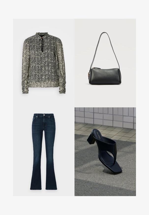 Blouse à manches longues en imprimé floral noir et crème, avec un col montant et des poignets froncés. Tissu léger et transparent avec une coupe décontractée.; Jeans évasés bleu foncé en denim, présentant un design classique à cinq poches, une fermeture à bouton en métal et un léger délavage au niveau des hanches.; Sandale à talon noire avec bout carré et large bride, posée sur un bitume gris près d'un mur carrelé.; Sac à bandoulière rectangulaire en cuir noir avec une longue sangle et une fermeture zippée sur le dessus, posé sur un fond clair.