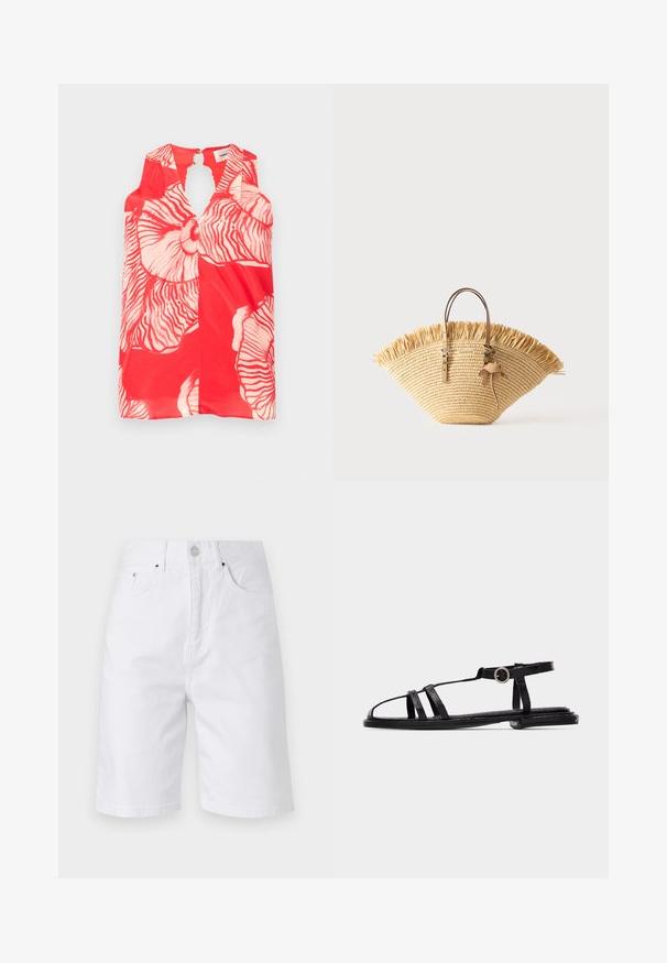 Haut sans manches rouge avec de grands motifs floraux blancs et une découpe en forme de clé au niveau du col. Tissu texturé et léger.; Vanessa Bruno CEDRIC - Short en jean - blanc; Sandale plate noire avec fines lanières, boucle à la cheville et design minimaliste à bout ouvert sur un fond clair uni.; Sac cabas en paille tressée avec bord supérieur à franges, deux poignées en cuir camel avec détails de boucle, et un accessoire pompon en cuir.