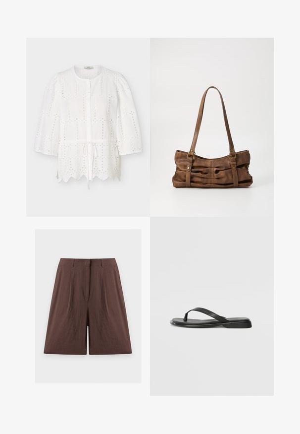 Blouse blanche en broderie anglaise avec encolure ronde, boutons sur le devant, manches bouffantes trois-quarts, taille à cordon et ourlet festonné.; Shorts marron taille haute cintrés avec passants de ceinture, fermeture éclair à l’avant et coupe jambes larges sur un fond uni clair.; Tongs noires en cuir lisse, avec un design de sangle fine et une semelle plate à profil minimal. Aucun motif ou accent notables.; Even&Odd Sac à main - brown