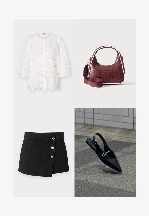 Blouse blanche en broderie anglaise avec encolure ronde, boutons sur le devant, manches bouffantes trois-quarts, taille à cordon et ourlet festonné.; Mini-jupe en denim noir avec rabat asymétrique à l’avant, trois boutons-pression argentés, passants de ceinture et deux poches latérales.; Mocassin noir à bout pointu et bride arrière, avec double boucle, posé sur un asphalt gris près d'un mur carrelé en arrière-plan.; Sac à main en cuir tressé marron foncé avec poignée courbée, garniture blanche, fermeture éclair argentée et bandoulière large en tissu amovible sur fond uni.