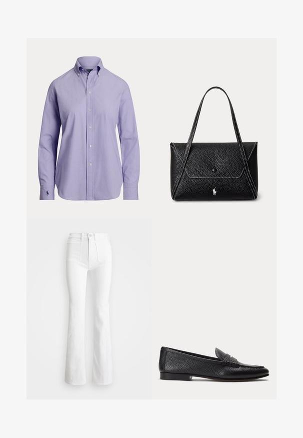 Men's long-sleeve light purple button-down shirt with buttoned collar and embroidered logo on the left cuff.; White flared jeans with a high waist, made of denim. Features two front pockets and frayed hems at the bottom. Clean design with no visible hardware.; Black textured leather loafer with low heel and classic penny strap detail, shown in side profile on a plain light background.; Black textured leather handbag with single button flap, two shoulder straps, white stitching, and small white horse logo on front.