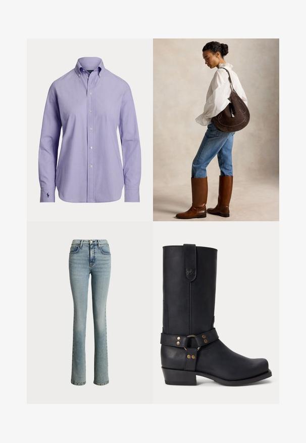 Men's long-sleeve light purple button-down shirt with buttoned collar and embroidered logo on the left cuff.; Light blue denim jeans with a fitted waist, straight-leg design, and subtle fading. Features front pockets and a classic button closure.; Black leather mid-calf boot with a low heel, round toe, and decorative strap with metal rivets and ring around ankle.; Woman in white blouse and blue jeans wears tall brown boots and carries a large dark brown shoulder bag, standing sideways against a plain background.