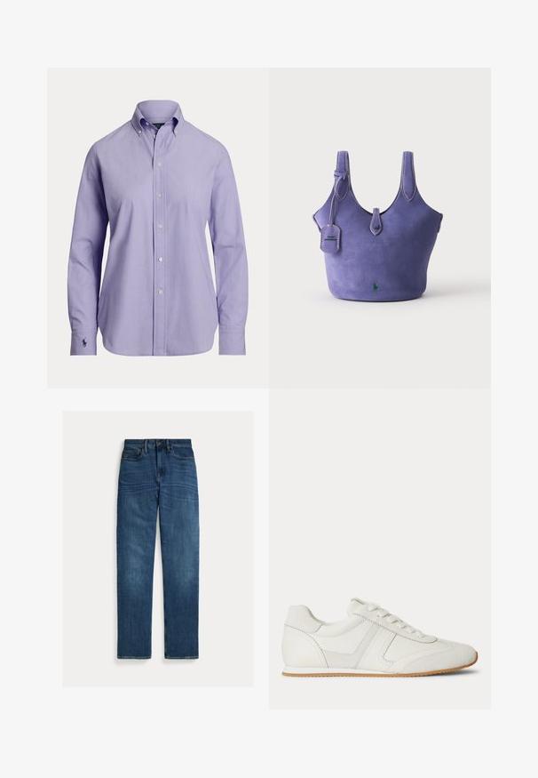 Lichtpaarse heren overhemd met lange mouwen, knopen, een aangeknopte kraag en een geborduurd logo op de linker manchet.; Blauwe denim jeans met rechte pijpen, vijf zakken, knoopsluiting en subtiele vervaging op dijen en knieën, plat op een witte achtergrond gelegd.; Witte lage sneaker met veters aan de voorkant, suède en leren panelen, en een lichtbruine rubberen zool op een witte achtergrond.; Paarse suède handtas met twee riemen, gestikte randen, een klein groen logo vlak bij de onderkant en een bijpassend hangend label op een witte achtergrond.
