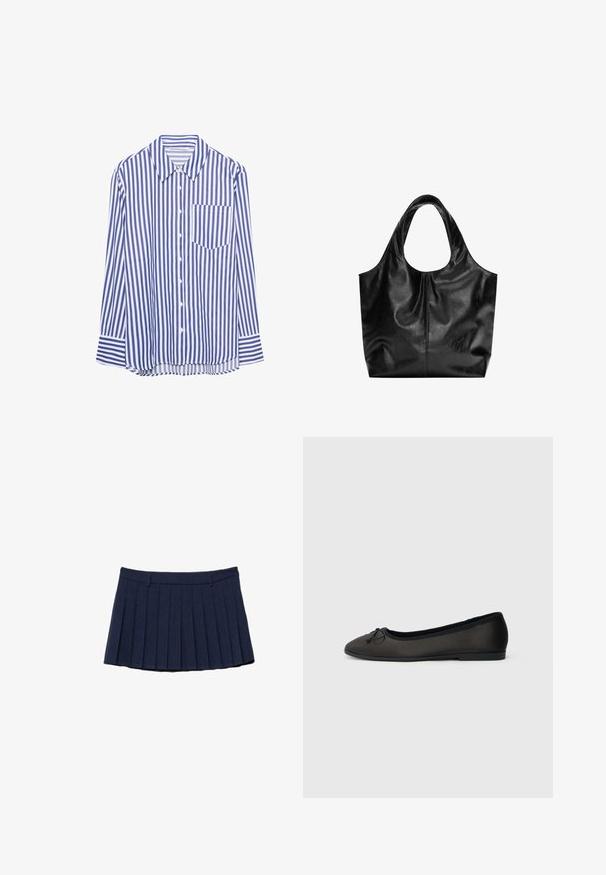 Chemise à manches longues bleu et blanche à rayures verticales, avec un col pointu et une poche poitrine, posée à plat sur un fond blanc.; Jupe plissée bleu marine avec passants de ceinture, longueur courte et taille structurée, présentée sur un fond blanc.; Ballerines noires avec une finition mate lisse, un bout arrondi et un nœud décoratif à l'avant. Elles présentent un talon bas et plat.; Sac fourre-tout en cuir noir avec une texture lisse, un haut arrondi doux et de larges poignées. Présente une couture minimale et une silhouette décontractée.