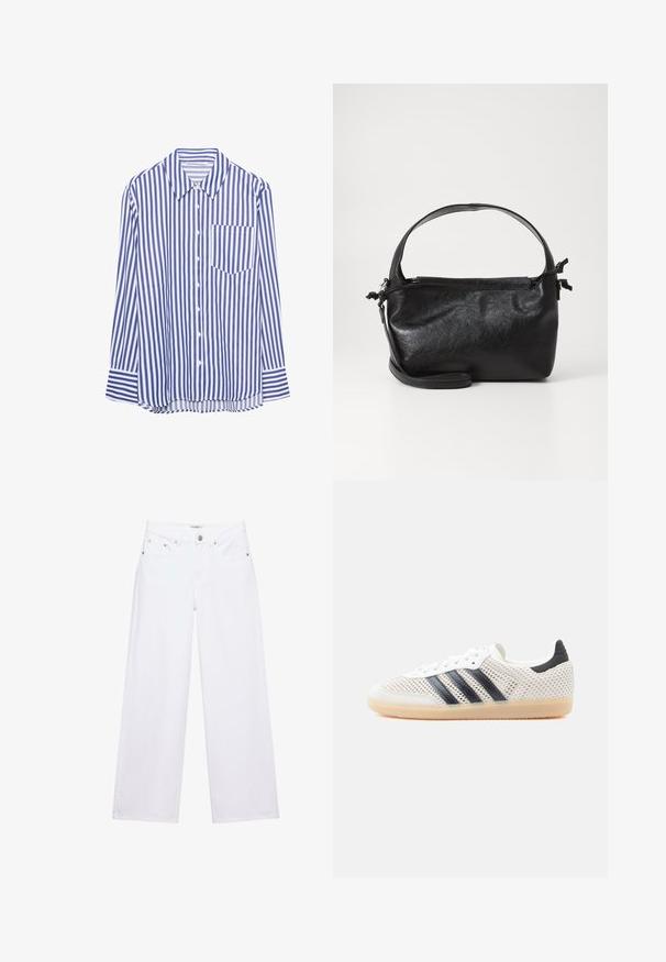 Chemise à manches longues bleu et blanche à rayures verticales, avec un col pointu et une poche poitrine, posée à plat sur un fond blanc.; Jean blanc taille haute à jambes larges avec fermeture à boutons et zip, poches avant et arrière, et détails en rivets argentés.; Baskets en maille blanche avec un design à trois bandes noires, bout arrondi et semelle en caoutchouc gomme. Dotées d'un col de talon souple et d'une fermeture à lacets.; Sac à main en cuir noir au design structuré, avec une poignée arrondie et une bandoulière amovible. Présente une texture lisse et un éclat subtil.