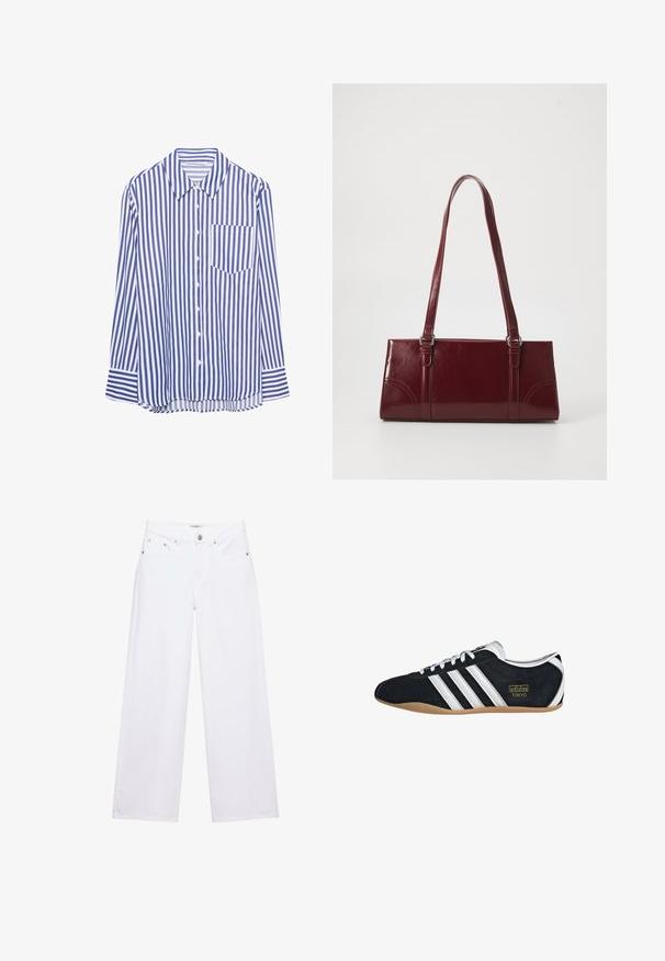 Chemise à manches longues bleu et blanche à rayures verticales, avec un col pointu et une poche poitrine, posée à plat sur un fond blanc.; Jean blanc taille haute à jambes larges avec fermeture à boutons et zip, poches avant et arrière, et détails en rivets argentés.; Sneakers en suede noir avec trois bandes blanches, logo doré et semelle en caoutchouc marron. Présente un design à lacets à profil bas.; Sac à main bordeaux en matériau brillant, de forme rectangulaire, avec deux anses et des accents légèrement courbés à l'avant.