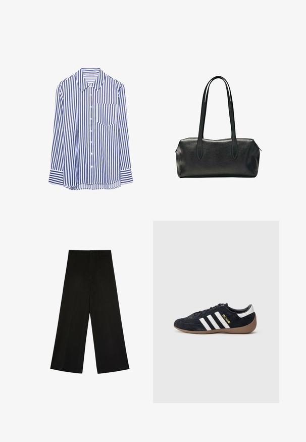Chemise à manches longues bleu et blanche à rayures verticales, avec un col pointu et une poche poitrine, posée à plat sur un fond blanc.; Pantalon noir à jambes larges avec fermeture par bouton et zip, passants de ceinture et plis d’avant, posé à plat sur fond blanc.; Baskets en daim noir avec trois bandes blanches, semelle en caoutchouc beige, et un petit logo doré sur le côté. Dotées d'une doublure intérieure noire lisse.; Sac à main rectangulaire en cuir noir avec deux longues bandoulières et une fermeture zippée sur le dessus.