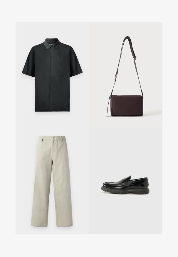 Kortærmet sort skjorte med knapper lavet af glat stof, med en enkelt brystlomme og subtil broderet detalje på forsiden.; Han Kjøbenhavn WIDE LEG - Bukser - light grey; Sort læderloafer med en blank finish, rund tå, subtile syninger og en tyk gummisål for holdbarhed.; Mørkebrun textured læder crossbody taske med justerbar rem og lille dekorativ blå accent på siden.