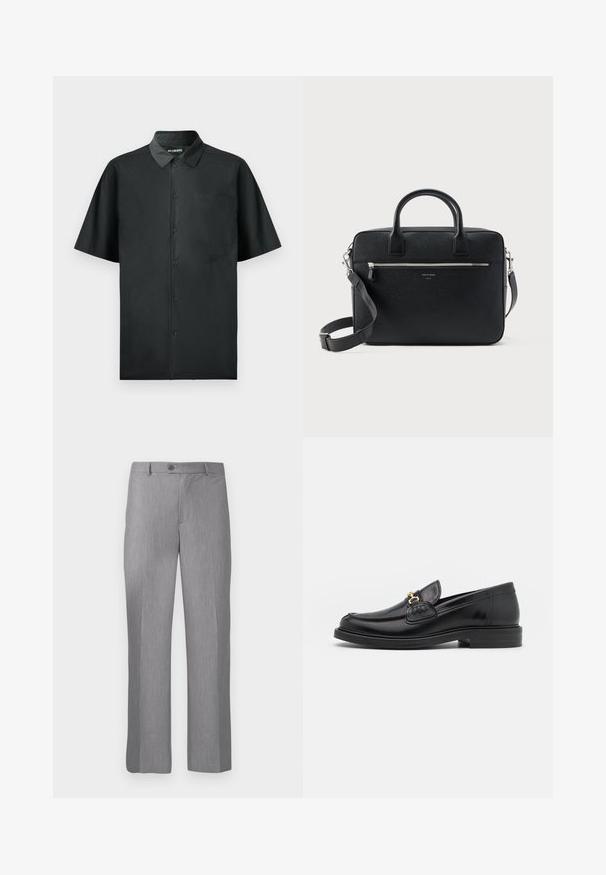 Camisa negra de botones de manga corta, hecha de una tela suave, que cuenta con un solo bolsillo en el pecho y un sutil bordado en la parte delantera.; Pantalones de traje grises ajustados con pasadores para cinturón, botón frontal y cremallera, con un corte de pierna recta.; Mocasines de cuero negro con punta redondeada, que cuentan con un detalle de herrajes dorados y costuras, situados sobre una suela de goma texturizada y baja.; Maletín rectangular de cuero negro con textura, con doble asa, bolsillo frontal con cremallera y correa de hombro ajustable, mostrado sobre fondo blanco.