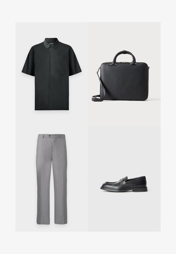 Camisa negra de botones de manga corta, hecha de una tela suave, que cuenta con un solo bolsillo en el pecho y un sutil bordado en la parte delantera.; Pantalones de traje grises ajustados con pasadores para cinturón, botón frontal y cremallera, con un corte de pierna recta.; Mocasines de cuero negro con acabado texturizado, que cuentan con una correa decorativa en la parte delantera y punta redondeada. Suela de goma para mayor durabilidad.; Maletín de cuero negro texturizado con asas dobles, correa de hombro desmontable y cierre superior con cremallera sobre un fondo claro y liso.
