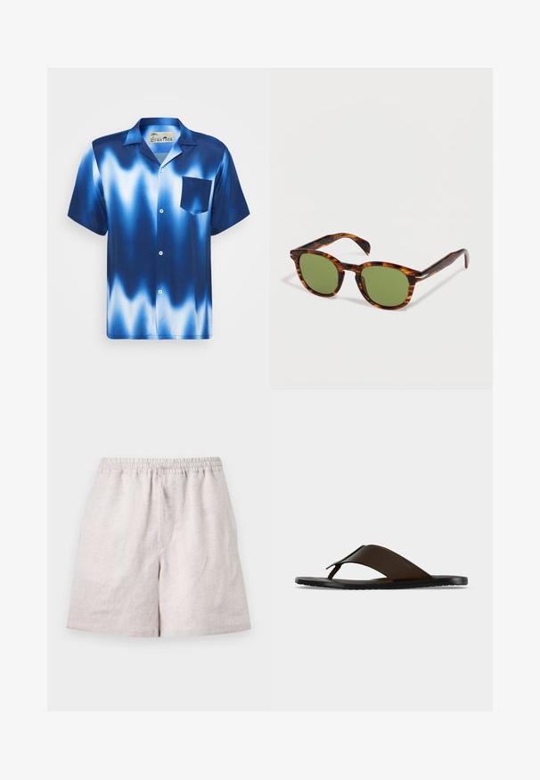 Kortærmet skjorte med knapper i gradient blå med hvide bølger. Har en brystlomme og glat, blankt stof.; Lyst beige linnedshorts med elastisk talje og snøre, knælange, lagt fladt på hvid baggrund.; Mørkebrune læderflipflops med bred ankelrem og sort flad sål vist i sideprofil på grå baggrund.; Skildpaddedesign rammesolbriller med runde grønne linser, der ligger på en hvid overflade.