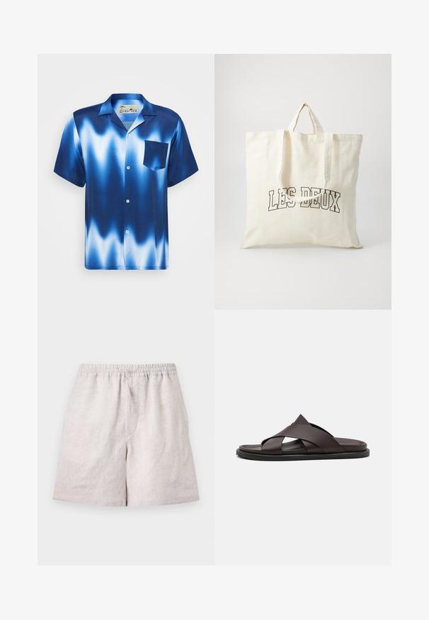 Camisa de manga corta abotonada en degradado azul con olas blancas. Presenta un bolsillo en el pecho y un tejido suave y brillante.; Pantalones cortos de lino beige claro con cintura elástica y cordón, hasta la rodilla, colocados en plano sobre fondo blanco.; Stuart Weitzman BERKLEY - Sandalias planas - espresso; Bolsa de lona en color blanco roto, con asas cortas y el texto impreso "LES DEUX" en letras negras en negrita. Diseño duradero y sencillo.