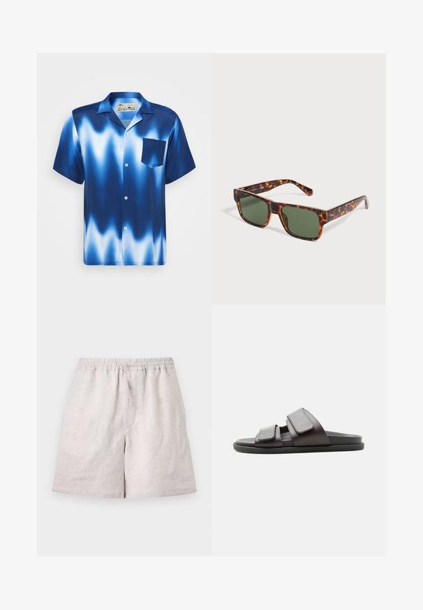 Kurze Ärmel Hemd mit Knopfleiste in einem Farbverlauf von Blau mit weißen Wellen. Verfügt über eine Brusttasche und einen glatten, glänzenden Stoff.; Hellbeige Leinen-Shorts mit elastischem Bund und Kordelzug, knielang, flach liegend auf weißem Hintergrund.; Dunkelbraune Slide-Sandale mit zwei breiten, verstellbaren Klettverschlüssen und schwarzer Sohle, von der Seite auf weißem Hintergrund gezeigt.; Rechteckige Schildpatt-Sonnenbrille mit dunkelgrünen Gläsern, auf weißem Hintergrund dargestellt.