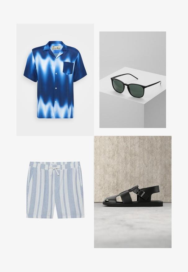 Kurze Ärmel Hemd mit Knopfleiste in einem Farbverlauf von Blau mit weißen Wellen. Verfügt über eine Brusttasche und einen glatten, glänzenden Stoff.; Gestreifte Shorts aus leichtem Material mit blauen und weißen vertikalen Streifen, elastischem Bund mit Kordelzug und seitlichen Taschen.; Schwarze Ledersandale mit Schnallenriemen, offenem Zehendesign, präsentiert auf beigem Teppich vor unscharfem braunem Möbelhintergrund.; Schwarze rechteckige Sonnenbrille mit dunkelgrünen Gläsern, ausgestattet mit einem leichten Kunststoffrahmen und silbernen Akzenten an den Bügeln.