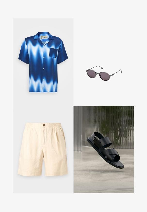 Kortærmet skjorte med knapper i gradient blå med hvide bølger. Har en brystlomme og glat, blankt stof.; Beige afslappede shorts med elastik i taljen, enkelt knaplukning, sidelommer og løs pasform, der er velegnet til varmt vejr.; Sort lædersandal med to brede remme og en spænde, svævende over en poleret betonplade mod en sløret baggrund af rillede glas.; Sorte ovale solbriller med mørke linser og tynde metalrammer. Har et minimalistisk design med buede kanter og slanke stænger.