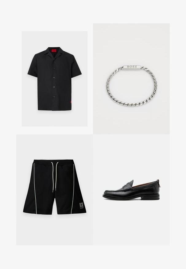 Chemise noire à manches courtes avec boutons, col camp et une étiquette rouge « HUGO » à l'intérieur de l'encolure ainsi qu'une petite étiquette rouge sur le bas côté.; Short noir avec passepoil vertical blanc, cordon blanc à la taille élastique et petit logo Hugo près de l'ourlet inférieur sur la jambe droite.; Mocassin homme en cuir noir avec couture moc toe, bride penny, col texturé et petit talon empilé sur fond blanc.; BOSS DORAN - Bracelet - silver-coloured