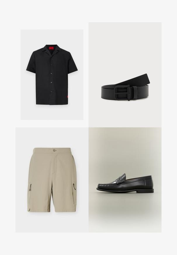 Chemise noire à manches courtes avec boutons, col camp et une étiquette rouge « HUGO » à l'intérieur de l'encolure ainsi qu'une petite étiquette rouge sur le bas côté.; Shorts beiges mi-genoux avec fermeture à boutons et poches zippées de chaque côté, conçus pour un usage décontracté ou en plein air.; Mocassin pour homme en cuir noir avec un design moc-toe, une lanière à monnaie et un talon bas sur un fond neutre.; Ceinture en cuir noir enroulée avec une boucle en métal noir mat sur fond blanc.