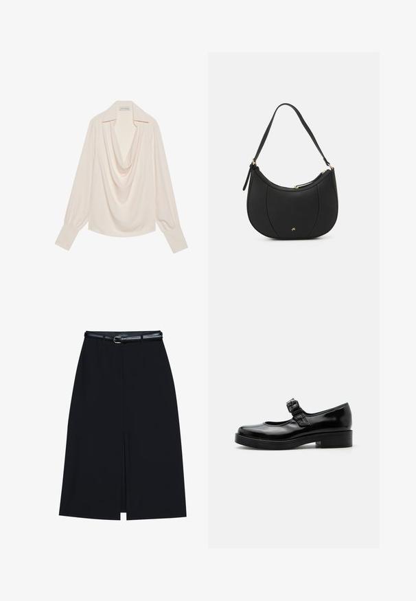 Blouse met col van lichtcrème stof, met lange mouwen, een ontspannen pasvorm, omgeslagen manchetten en naadloze draping bij de halslijn.; Zwarte knie-lange rok met een vooraanstaande split, gemaakt van gladde stof. Heeft een dunne zwarte riem met een zilveren gesp en riemlussen.; Zwarte lakleren Mary Jane-schoen met een ronde neus, lage blokhak en een verstelbare gespsluiting over de wreef.; Zwarte leren handtas met een gebogen vorm, textuuroppervlak, voornaden en een logo in goudkleur. Beschikt over een enkele verstelbare schouderband.