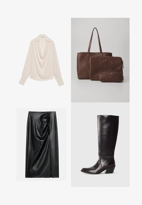 Blouse met col van lichtcrème stof, met lange mouwen, een ontspannen pasvorm, omgeslagen manchetten en naadloze draping bij de halslijn.; Zwarte leren rok met een soepele textuur, voorzien van een geplooid gedeelte aan één kant en een zijspleet voor extra detail.; Knielange, donkerbruine leren laars met een spitse neus, hoekige blokhak en een gladde, glanzende textuur. Heeft een strak ontwerp en stikdetails.; Bruine leren schoudertas met twee bijpassende pouches; de tas heeft lange hengsels, terwijl de pouches met rits zijn en in verschillende maten komen. Gouden accenten zijn inbegrepen.