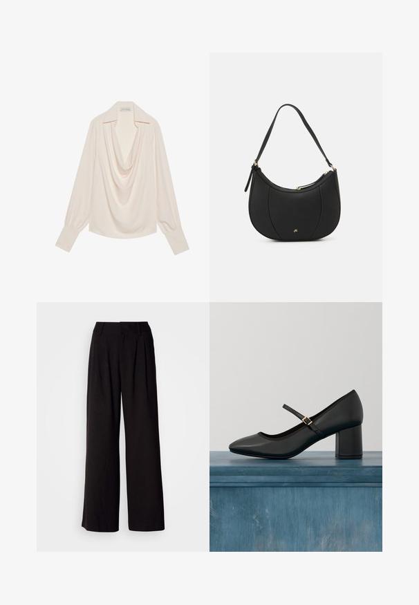 Blouse à manches longues et col cheminée en tissu crème clair, avec une coupe décontractée, des poignets roulés et un drapé sans couture au niveau du col.; Pantalon large noir en tissu lisse, avec des plis à l'avant, une taille ajustée, et sans motifs ni accents visibles.; Chaussure Mary Jane noire avec talon carré et sangle à boucle dorée, flottant au-dessus d'un sol en béton lisse dans un cadre intérieur minimaliste.; Sac à main en cuir noir avec une forme courbée, surface texturée, coutures avant et un logo doré. Il est doté d'une seule sangle ajustable.