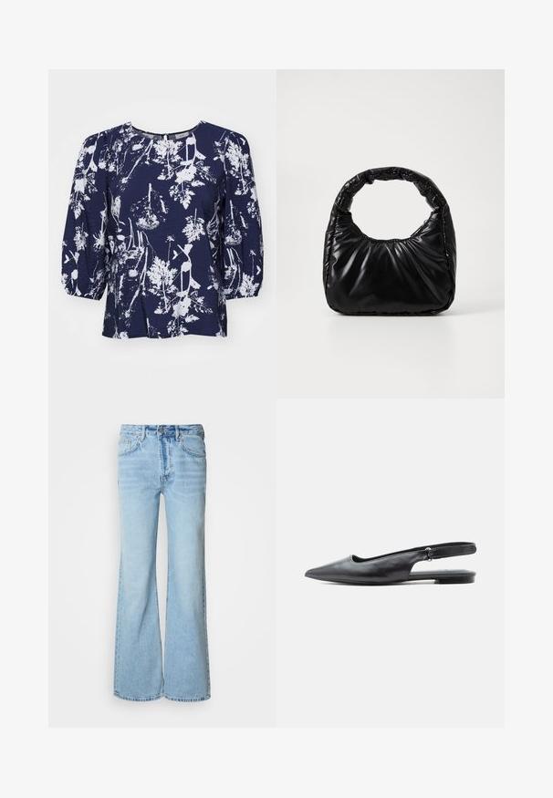 Blouse bleu marine avec motif botanique blanc, col rond et manches bouffantes. Tissu texturé avec une coupe ample et un subtil éclat.; Jean bleu clair avec une coupe pattes d'éléphant, fabriqué en denim, doté d'une fermeture à bouton sur le devant, cinq poches, et un léger effet délavé.; Chaussure plate en cuir noir à bout pointu, bride arrière avec talon bas et bride ajustable sur fond clair.; Sac à main noir rembourré avec une poignée arrondie, présentant une surface lisse et brillante ainsi qu'une texture douce et matelassée. Pas de quincaillerie ou d'accents visibles.