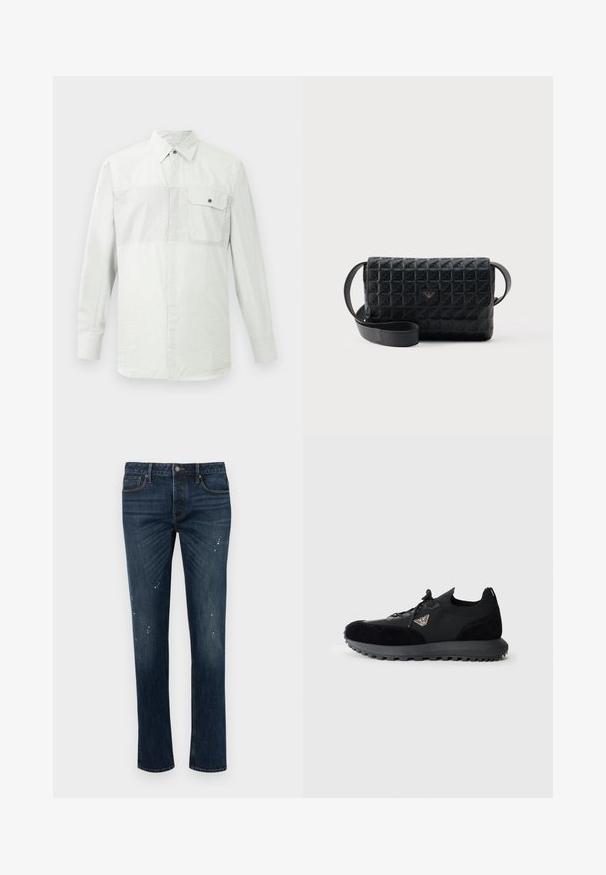 Camisa blanca de manga larga con botones, con sutiles rayas verticales y un bolsillo en el pecho, abotonado, en el lado izquierdo.; Vaqueros ajustados de color azul oscuro con ligero desvanecido y pequeñas manchas de pintura blanca, con cinco bolsillos y cierre de botón.; Zapatilla negra que presenta una combinación de materiales de ante y malla, punta redondeada, suela texturizada y un acento de logo metálico en el costado.; Bolso bandolera negro con textura, cierre de solapa y un pequeño logo metálico en el frente, mostrado sobre un fondo liso.