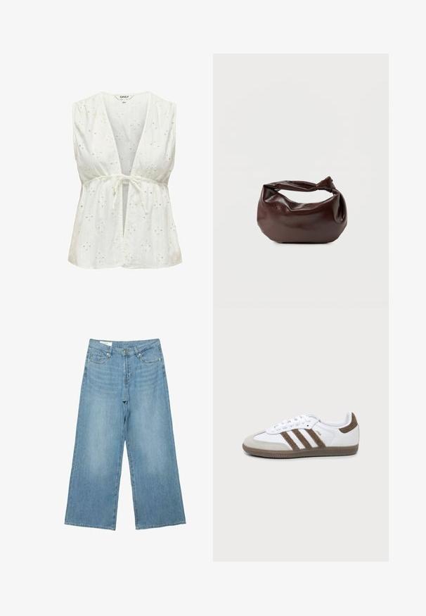 Blouse blanche sans manches avec un décolleté en V profond et une taille à nouer. Comprend des broderies d'œillets avec des motifs floraux, une texture douce et un tissu léger.; Jean large en denim bleu clair avec bouton et fermeture éclair à l'avant, poches avant et arrière, et passants de ceinture.; Basket Adidas Samba blanche et marron avec trois bandes marron, lacets et semelle texturée, vue de côté sur fond uni.; Sac bandoulière en cuir marron foncé avec une forme souple et décontractée et une anse nouée torsadée sur un fond blanc uni.