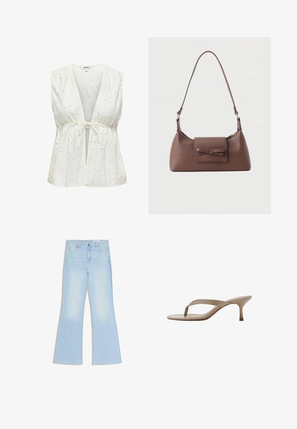 Blouse blanche sans manches avec un décolleté en V profond et une taille à nouer. Comprend des broderies d'œillets avec des motifs floraux, une texture douce et un tissu léger.; Jean évasé bleu clair en denim, avec une taille mi-haute, des poches avant discrètes et des coutures contrastantes. Texture lisse, sans motifs visibles.; Sandale beige en cuir verni avec un talon kitten pointu et une semelle fine, vue de côté sur fond blanc.; Sac à bandoulière en cuir marron avec une poche à rabat avant ornée d'un détail en forme de nœud cousu et une sangle réglable.