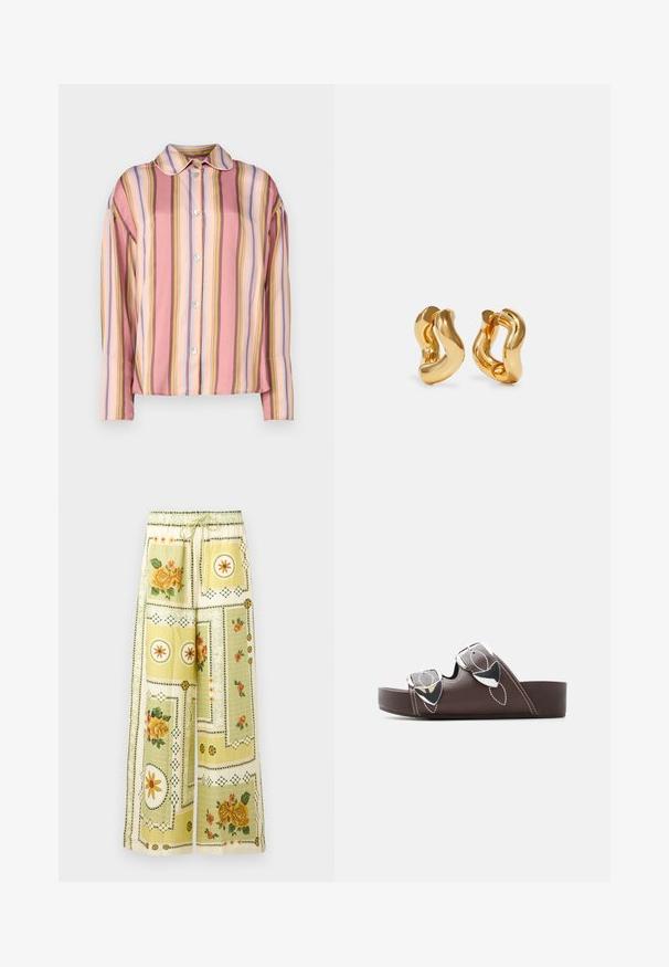 Camisa de botones con rayas verticales en tonos rosa, durazno y colores pastel, con cuello y mangas largas, hecha de tela suave.; Pantalones de pierna ancha con patrones de patchwork florales y geométricos en amarillo claro, con cintura elástica y cordón ajustable.; Sandalia tipo plataforma marrón con dos tiras ajustables con hebillas plateadas y costuras en contraste blanco, mostrada de perfil sobre un fondo blanco.; Pendientes de aro en tono dorado con un diseño ondulado, que presentan una superficie lisa y brillante y una forma aerodinámica. Sin cierres visibles.