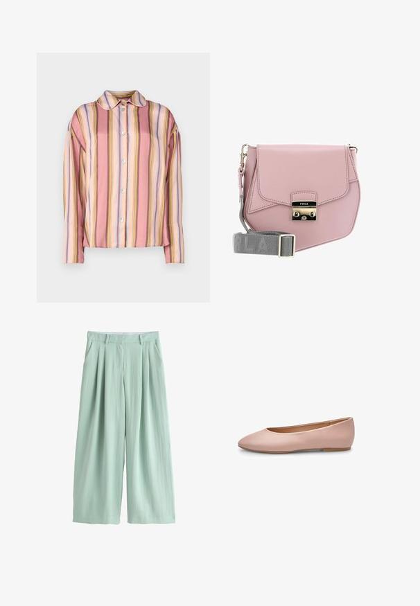 Camisa de botones con rayas verticales en tonos rosa, durazno y colores pastel, con cuello y mangas largas, hecha de tela suave.; Pantalones anchos de pierna en verde claro con pliegues, bolsillos laterales, trabillas para cinturón y cierre frontal con cremallera oculta.; Bailarina de cuero rosa con punta fina, textura suave, detalles mínimos y suela sólida de color marrón claro. Diseño sencillo, sin adornos.; Bolso cruzado de cuero rosa con cierre de solapa, hardware plateado y una correa gris con el nombre de la marca. Textura suave, diseño minimalista.