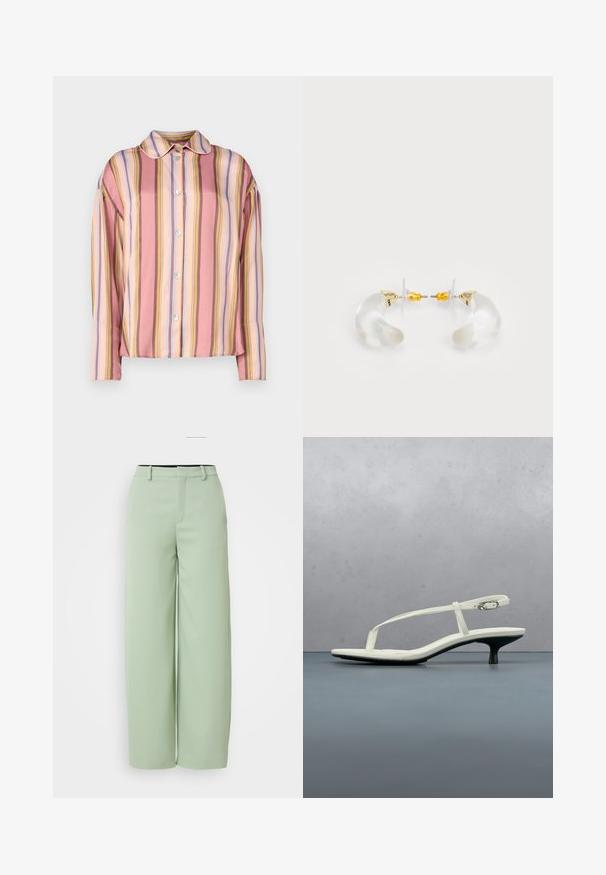 Camisa de botones con rayas verticales en tonos rosa, durazno y colores pastel, con cuello y mangas largas, hecha de tela suave.; Pantalones de pierna ancha de un verde claro, fabricados con una tela suave. Presentan un frente plano, lazos para cinturón y un corte ajustado sin herrajes visibles.; Sandalia blanca de tacón kitten con tiras y punta afilada, flotando sobre un suelo de baldosas de madera al aire libre, con un fondo desenfocado de plantas y pared.; Pendientes de aro de acrílico transparente con acentos dorados, que presentan un diseño curvado y un cierre transparente. Textura suave, estilo minimalista.