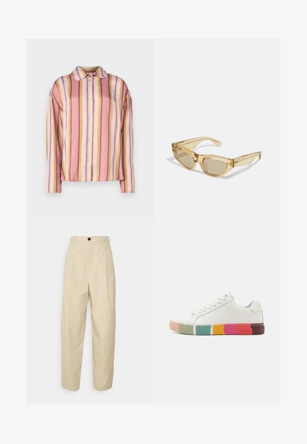 Nööpidega särk, millel on vertikaalsed triibud roosa, virsiku ja pastellsetes toonides, krae ja pikad varrukad, valmistatud siledast kangast.; BLANCHE CORTINA PANTS - Püksid - beige; Paul Smith LAPIN SWIRL SOLE - Tossud - white; Poolikamberist kassisungid, millel on kassikujuline vorm, heleda pruunid läätsed ja paksud kaared, millel on metallaktsendid hingedel.