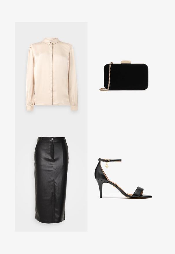 Camisa de satén beige de manga larga con cuello abotonado, pliegue frontal y mangas abullonadas recogidas en los puños. Textura suave y brillante.; Falda lápiz de cuero negro con una abertura frontal, cintura alta y cierre de botón a presión. Textura suave y brillante con un detalle minimalista.; Sandalia de tacón alto de cuero negro con una sola cinta sobre los dedos, cinta en el tobillo, herrajes dorados y un esbelto tacón de aguja.; Clutch de terciopelo negro con herrajes en tono dorado, de forma rectangular y con correa de cadena, que presenta una textura suave y sin patrones visibles.