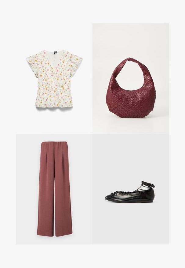 Blouse blanche à manches courtes avec col en V et manches à volants, ornée d'un petit motif floral rose, jaune et bleu.; Pantalon à jambes larges en tissu texturé rose poussiéreux avec une taille élastique et des plis à l'avant, présenté sur un fond uni.; Ballerines en cuir verni noir avec un bout rond, un design à lacets et une semelle plate. Texture lisse avec peu de détails.; Sac à main tissé bordeaux avec une silhouette arrondie, une seule poignée et une finition texturée. Fermeture zippée en haut.